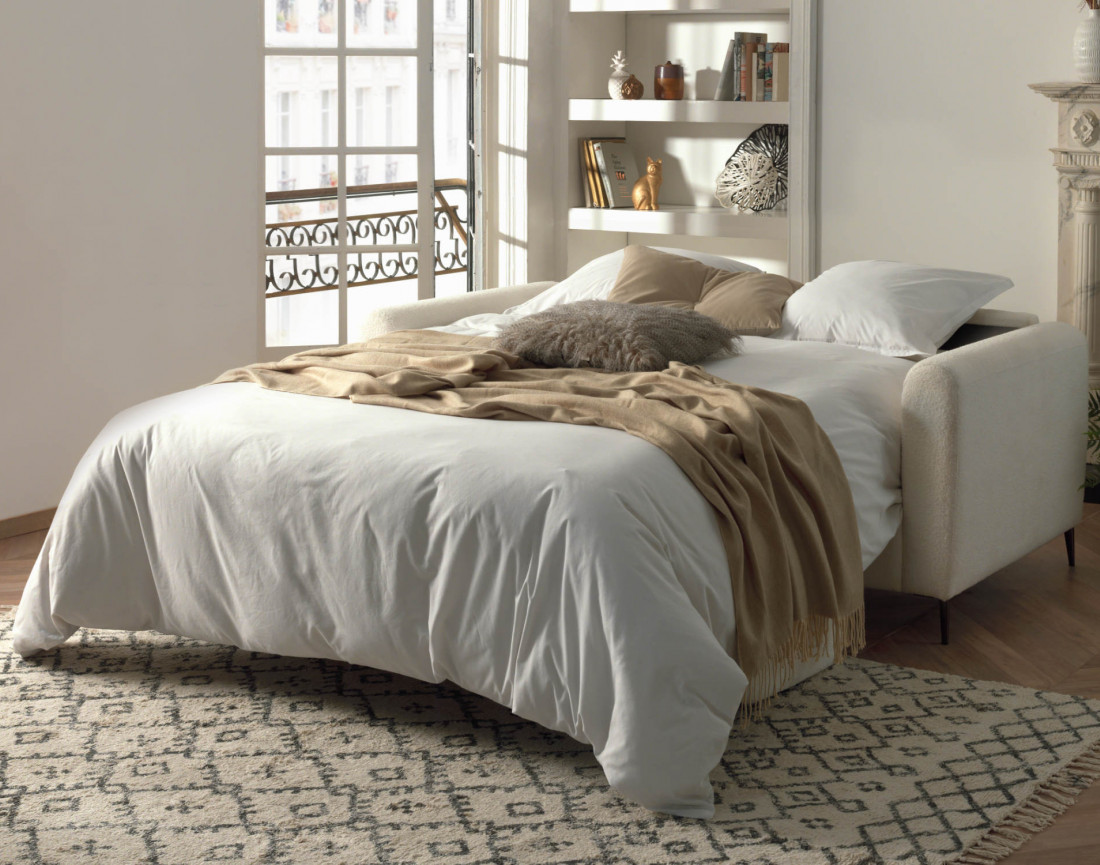 Canapé OWEN 3 places convertible express quotidien en tissu bouclette | Best Mobilier