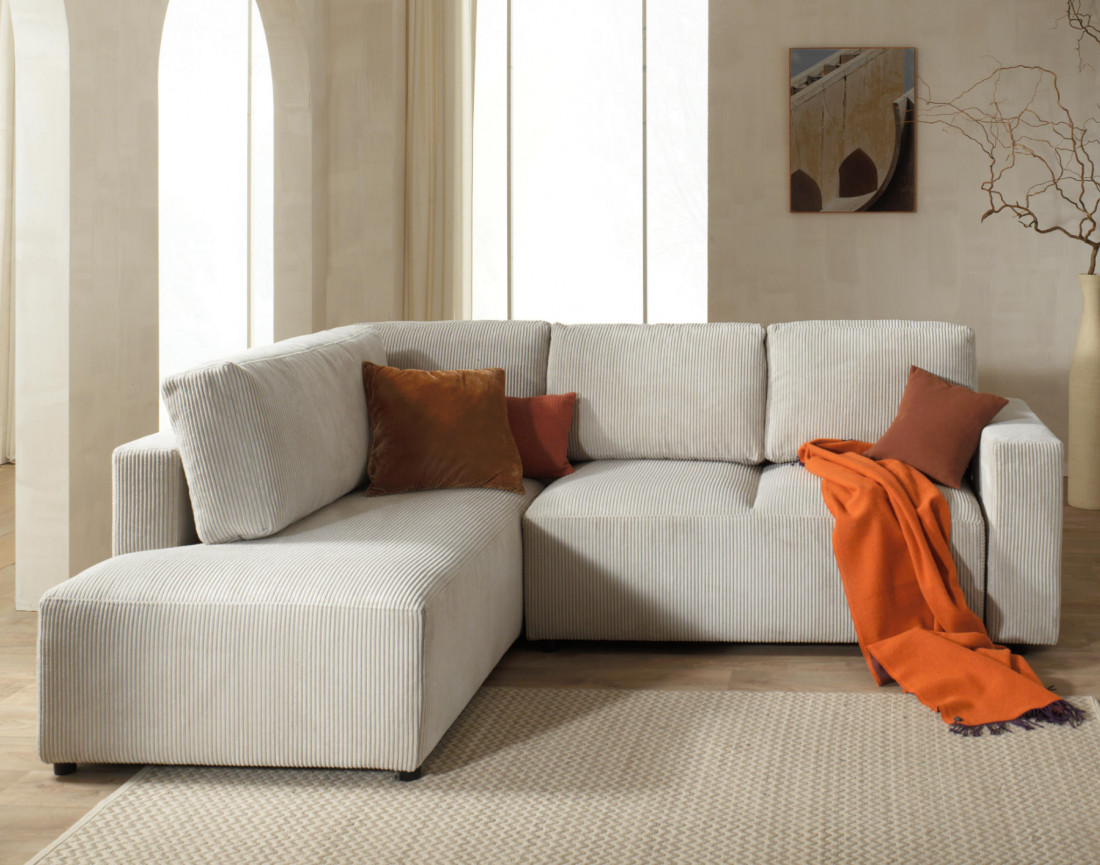 Canapé d'angle gauche 5 places convertible avec coffre en velours côtelé Livy