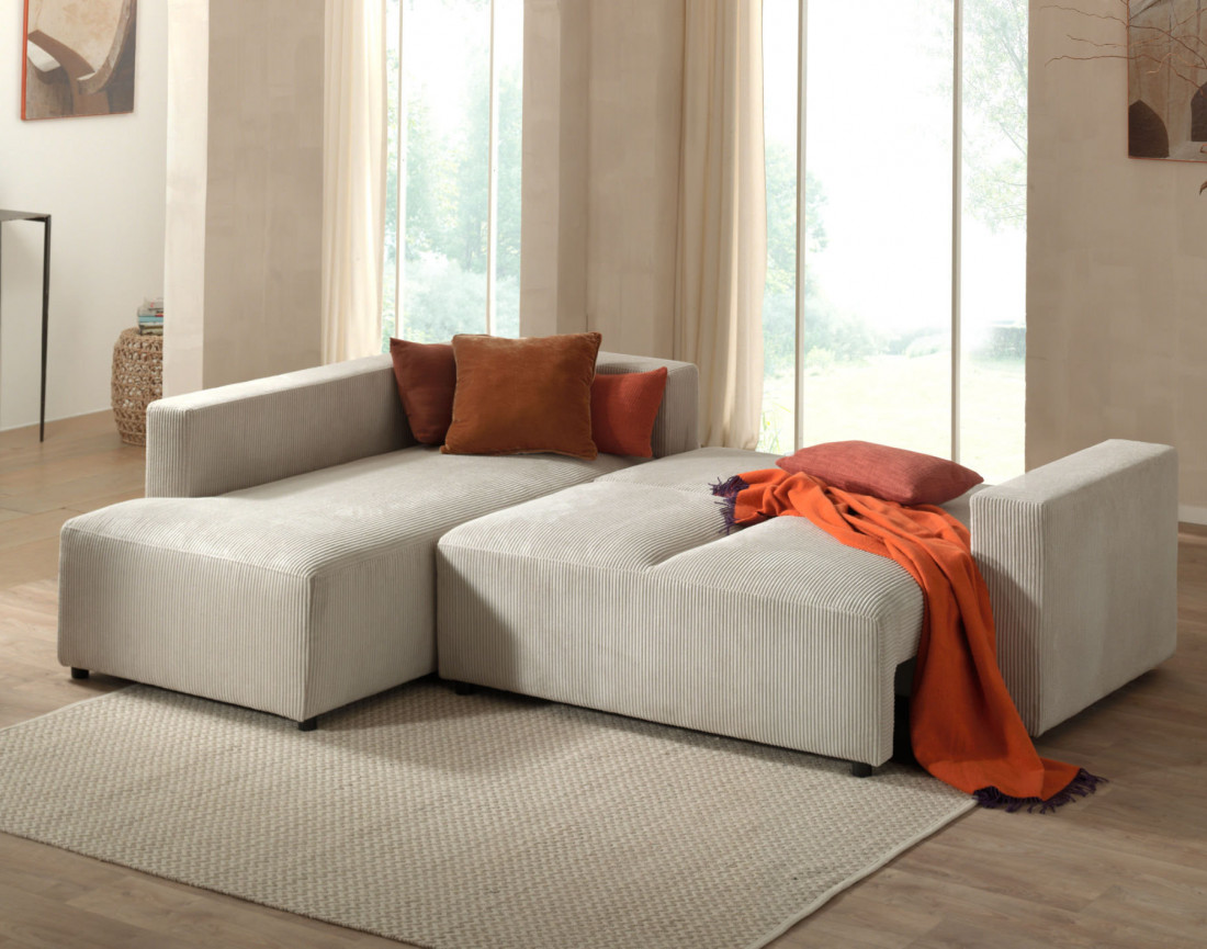Canapé d'angle gauche 5 places convertible avec coffre en velours côtelé Livy