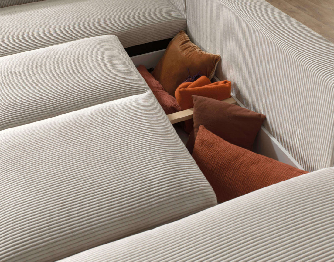 Canapé d'angle gauche 5 places convertible avec coffre en velours côtelé Livy