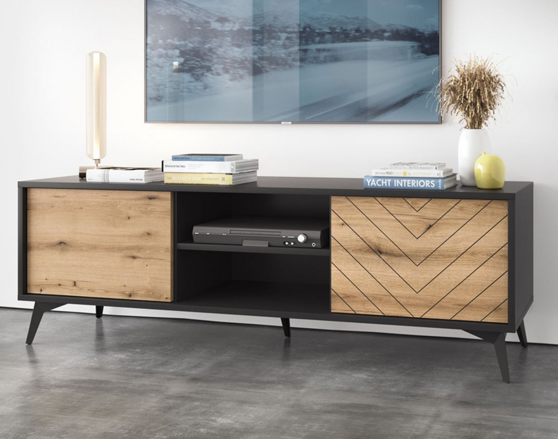 Peter - meuble TV - bois et noir - 154 cm - style industriel