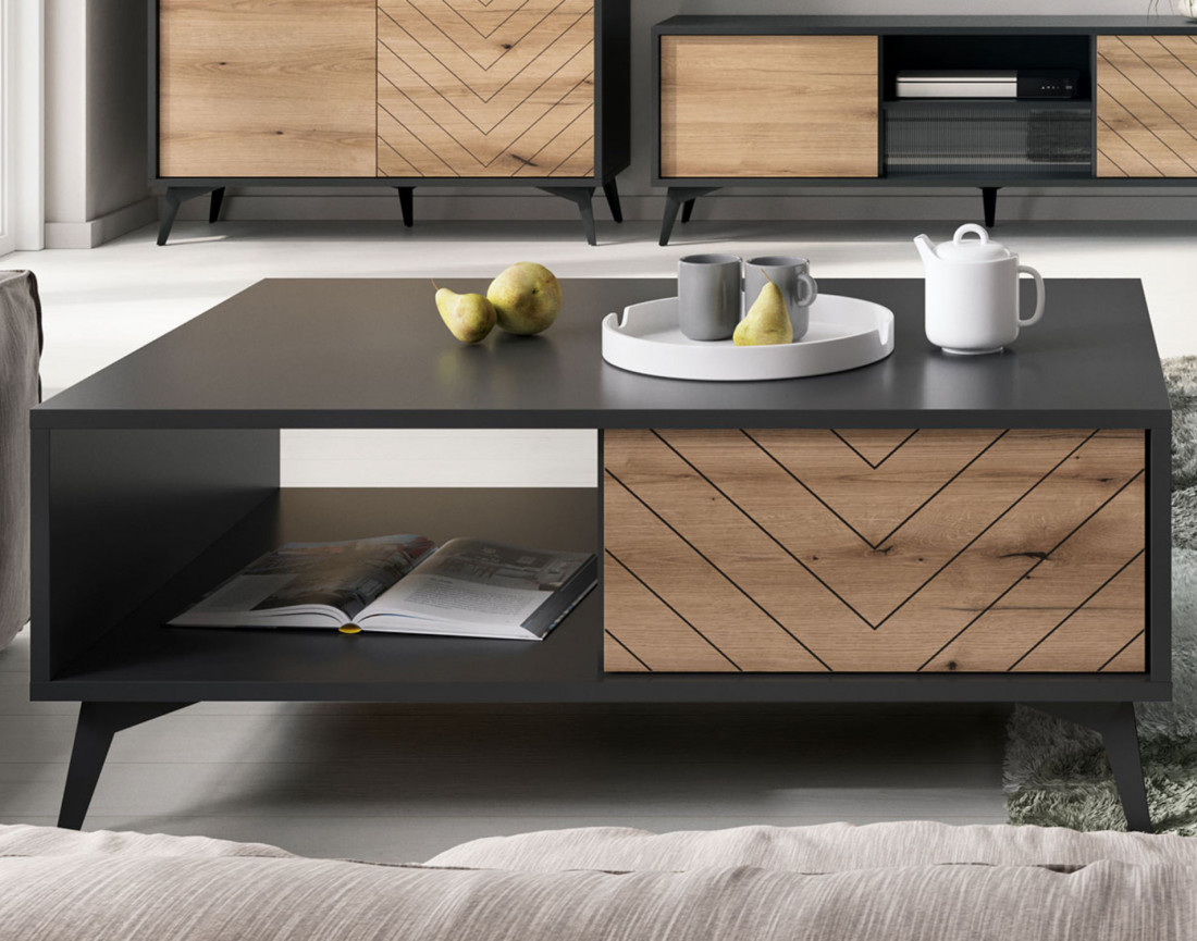 Peter - table basse bois et noir 2 tiroirs et 1 niche 104 cm