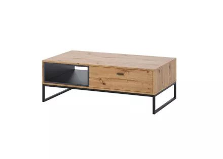 Odin – Table basse de style industriel avec un tiroir de rangement et un cadre en métal noir (120x65x42 cm)