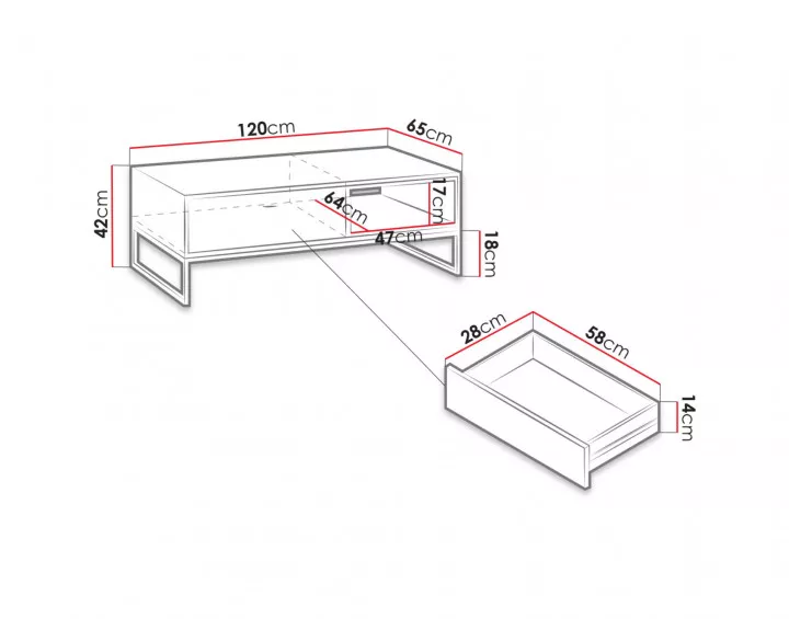 Odin – Table basse de style industriel avec un tiroir de rangement et un cadre en métal noir (120x65x42 cm)