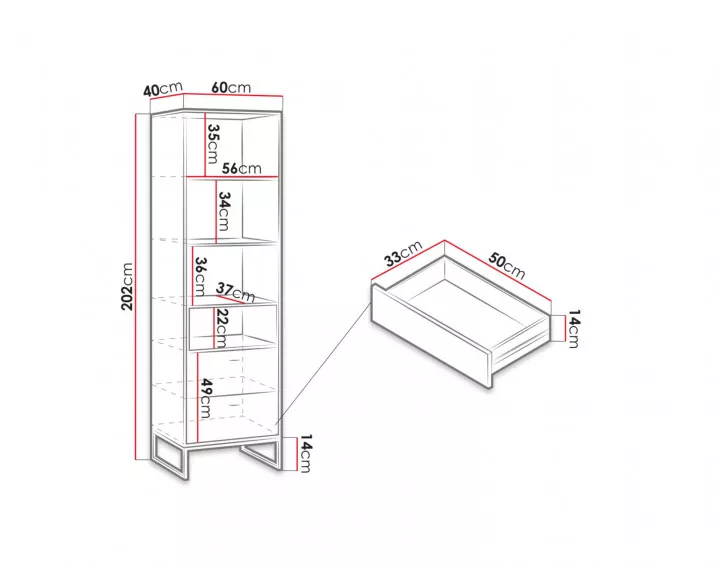 Odin – Etagère de style industriel avec deux tiroirs de rangement et 4 niches ouvertes