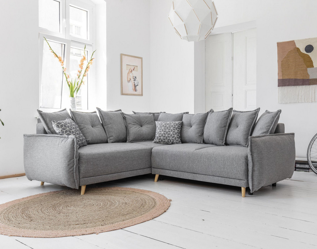 Canapé d'angle convertible Lena 5 places avec coffre style scandinave
