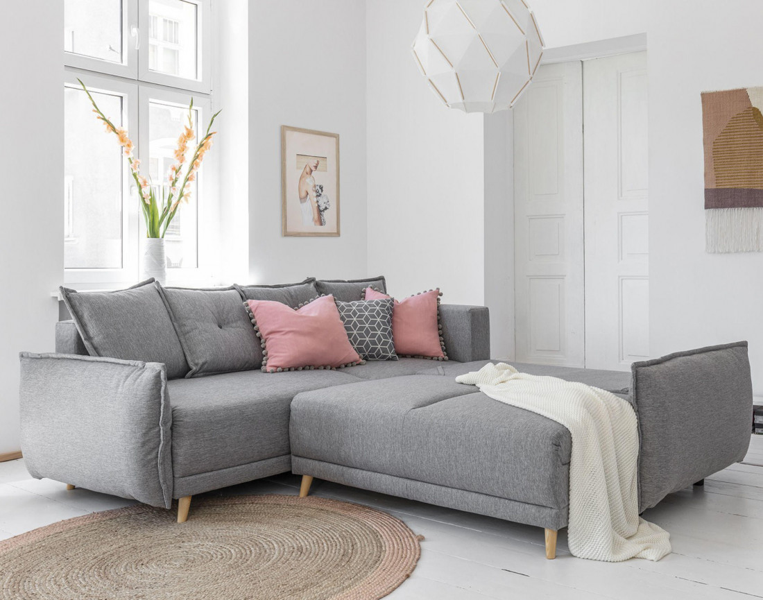 Canapé d'angle convertible Lena 5 places avec coffre style scandinave