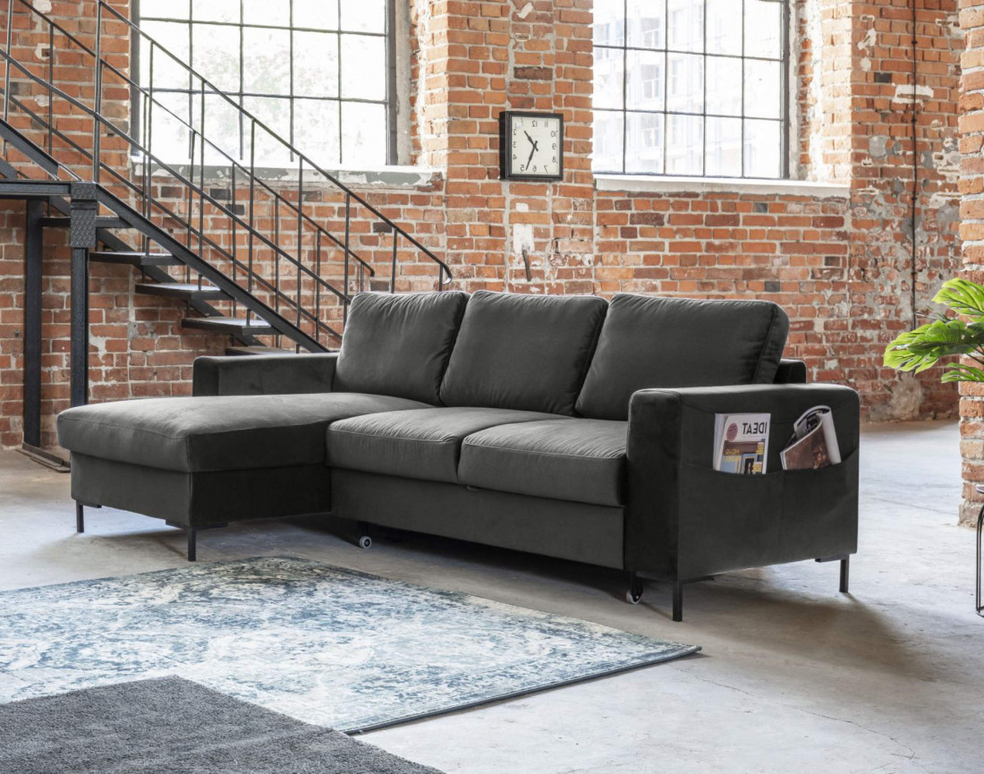 Canapé d'angle gauche 4 places convertible avec coffre en velours Lilly