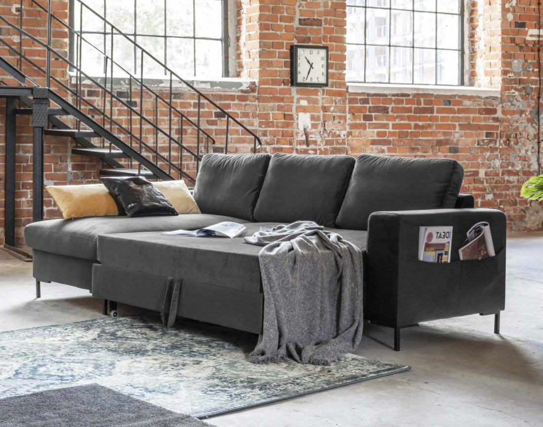 Canapé d'angle gauche 4 places convertible avec coffre en velours Lilly