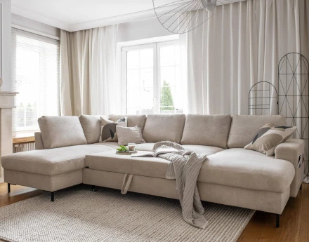 Canapé panoramique d'angle gauche 7 places convertible avec coffre en velours côtelé Lilly