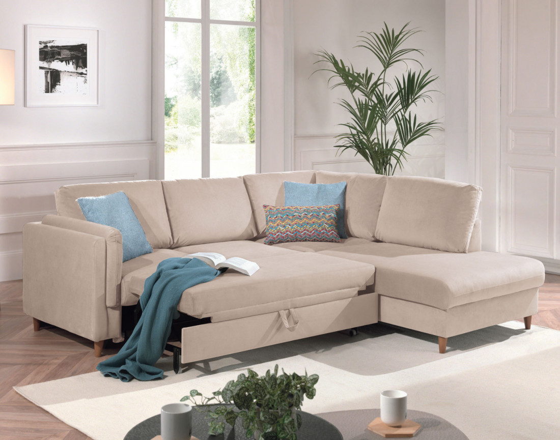 Canapé d'angle droit convertible 5 places en velours Brooke