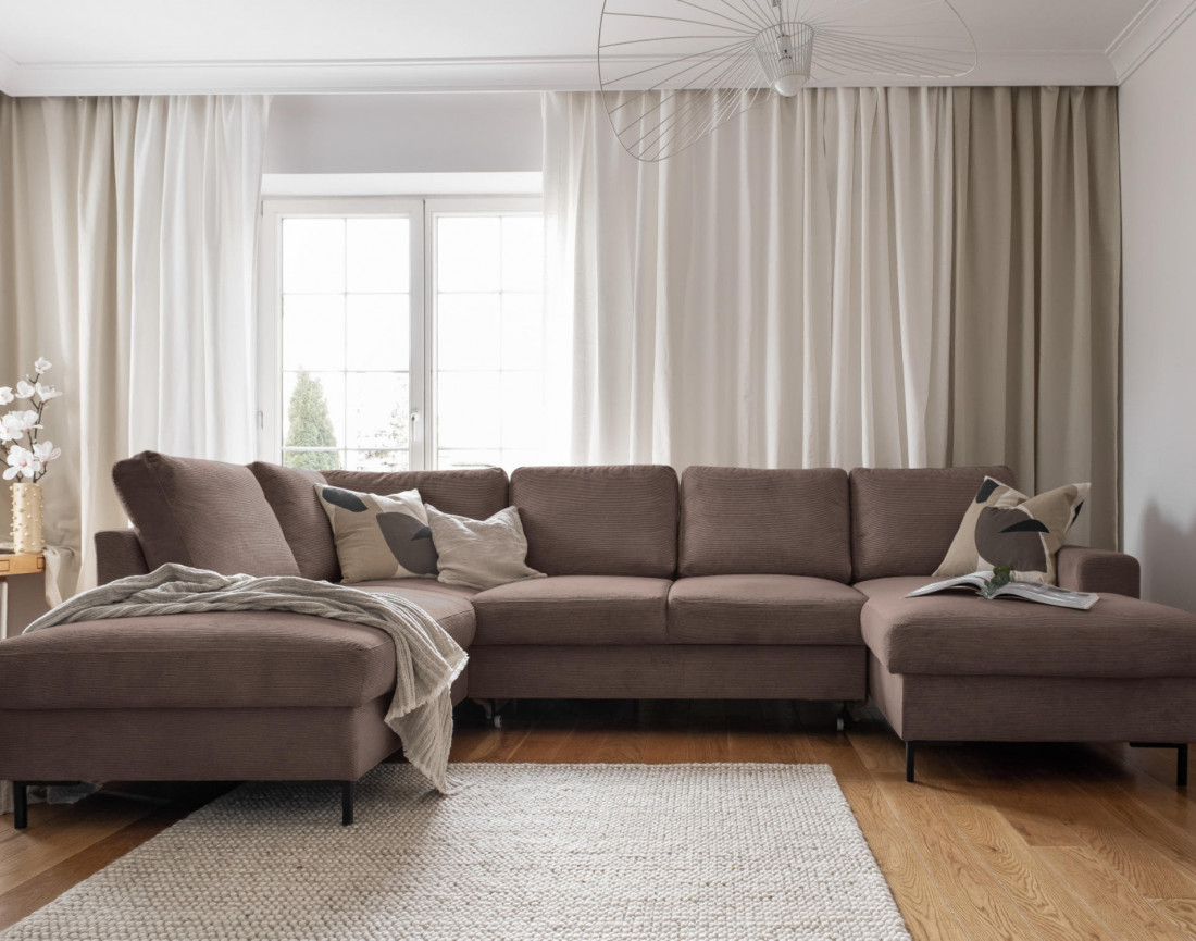 Canapé panoramique d'angle gauche 7 places convertible avec coffre en velours côtelé Lilly