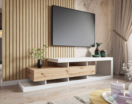 Olga meuble TV bois et blanc 2 tiroirs 198 cm