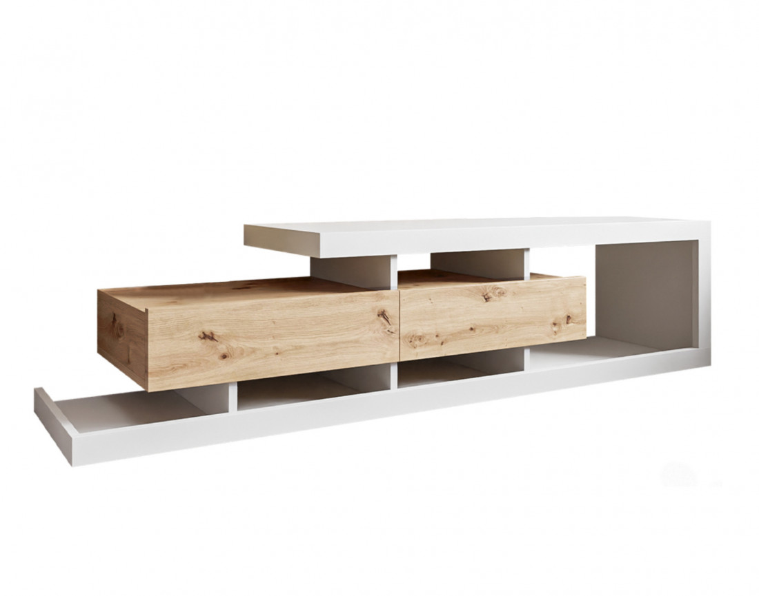 Meuble TV Suspendu Scandinave 160 Cm — Effet Bois Clair, 4 Portes à Lames, Design Flottant, Rangement Câbles