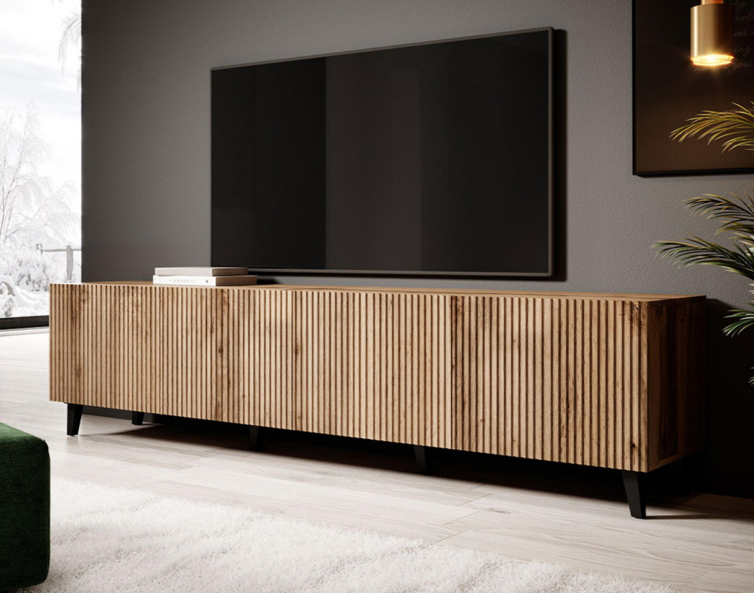 Meuble TV 120 cm en bois et détail noir pour salon