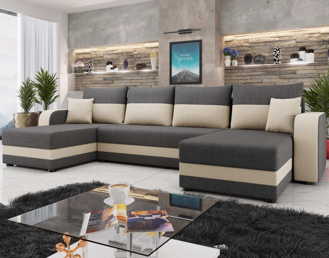 Harvey - canapé panoramique en U 7 places convertible avec coffre en tissu