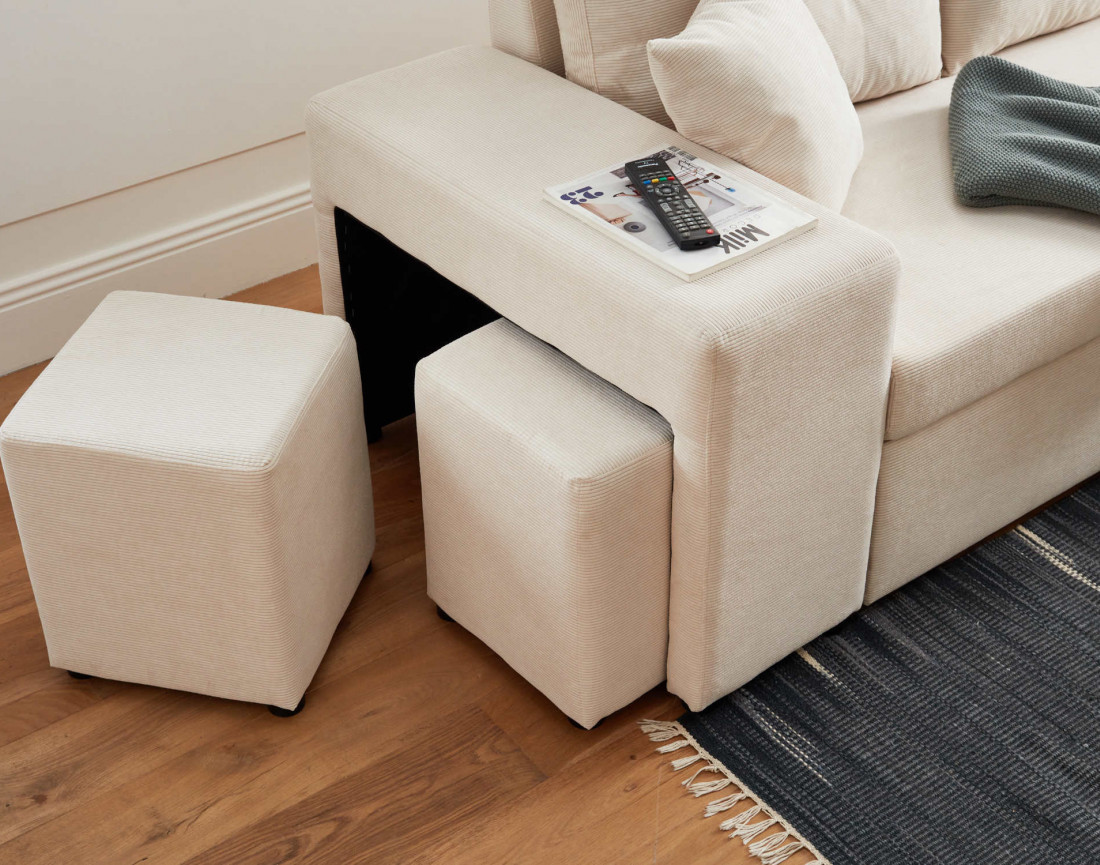 California - canapé d'angle réversible convertible 4 places avec poufs, coffre et tablette de rangement en velours côtelé