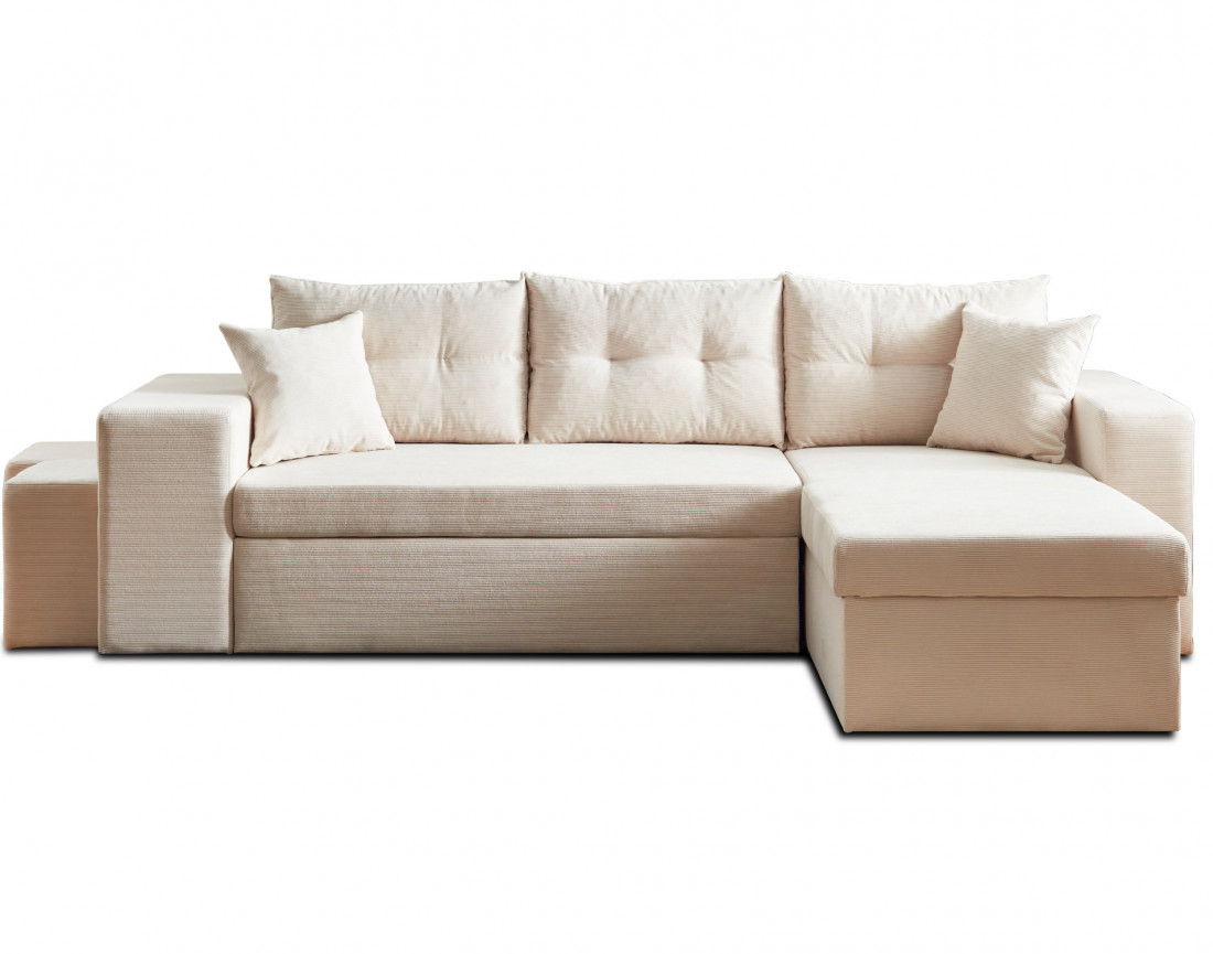 California - canapé d'angle réversible convertible 4 places avec poufs, coffre et tablette de rangement en velours côtelé