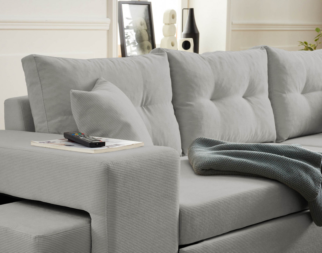 California - canapé d'angle réversible convertible 4 places avec poufs, coffre et tablette de rangement en velours côtelé