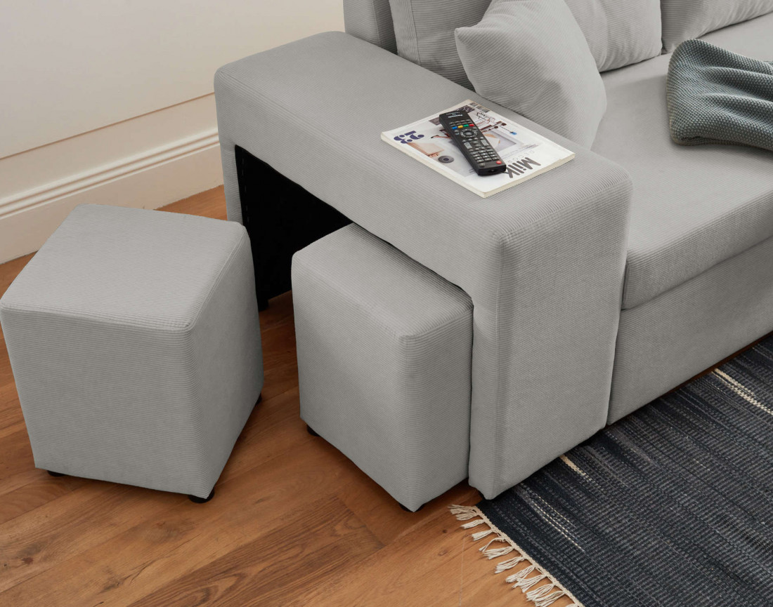 California - canapé d'angle réversible convertible 4 places avec poufs, coffre et tablette de rangement en velours côtelé