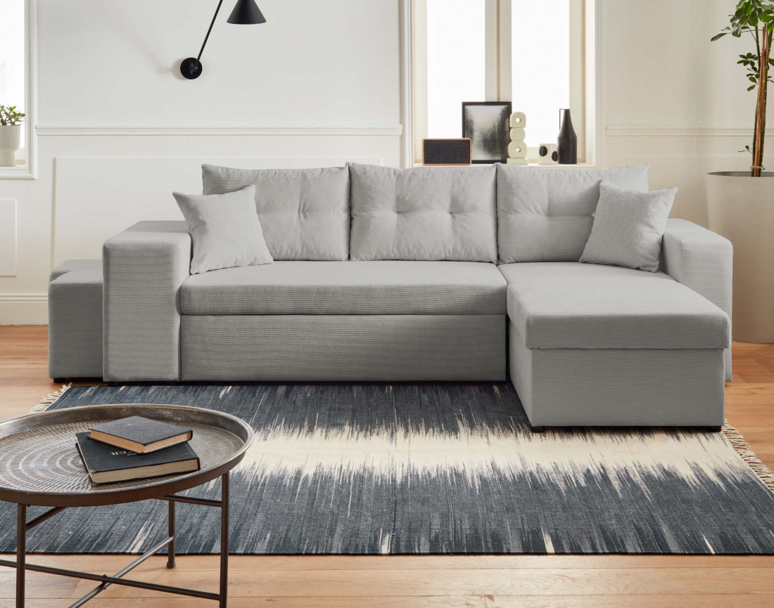 California - canapé d'angle réversible convertible 4 places avec poufs, coffre et tablette de rangement en velours côtelé