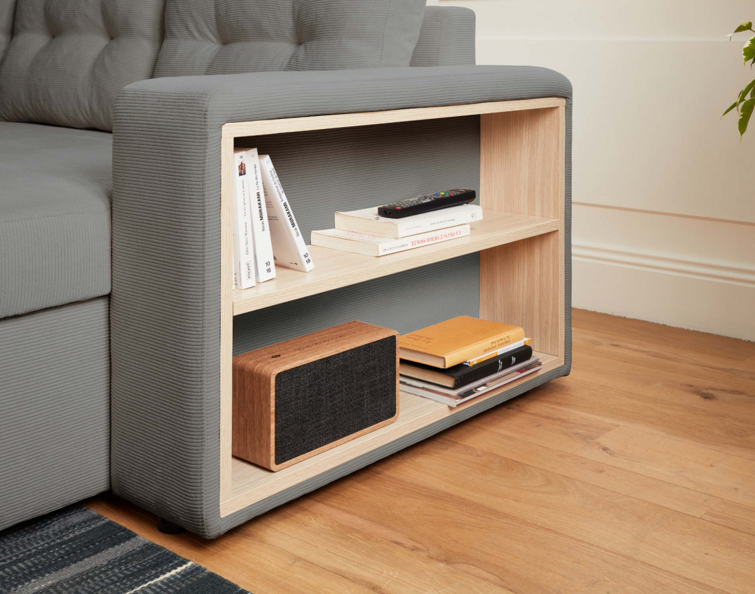 California - canapé d'angle réversible convertible 4 places avec poufs, coffre et tablette de rangement en velours côtelé