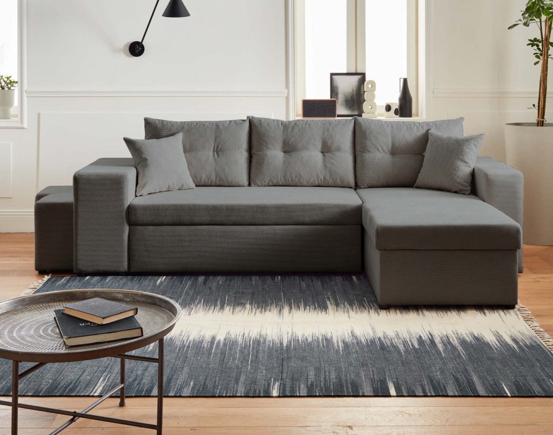 California - canapé d'angle réversible convertible 4 places avec poufs, coffre et tablette de rangement en velours côtelé
