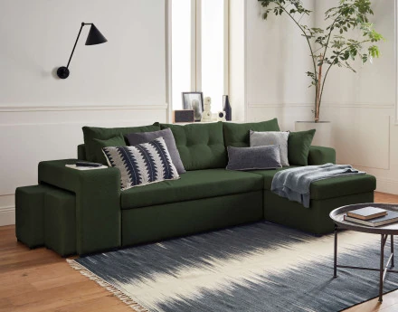 California - canapé d'angle réversible convertible 4 places avec poufs, coffre et tablette de rangement en velours côtelé