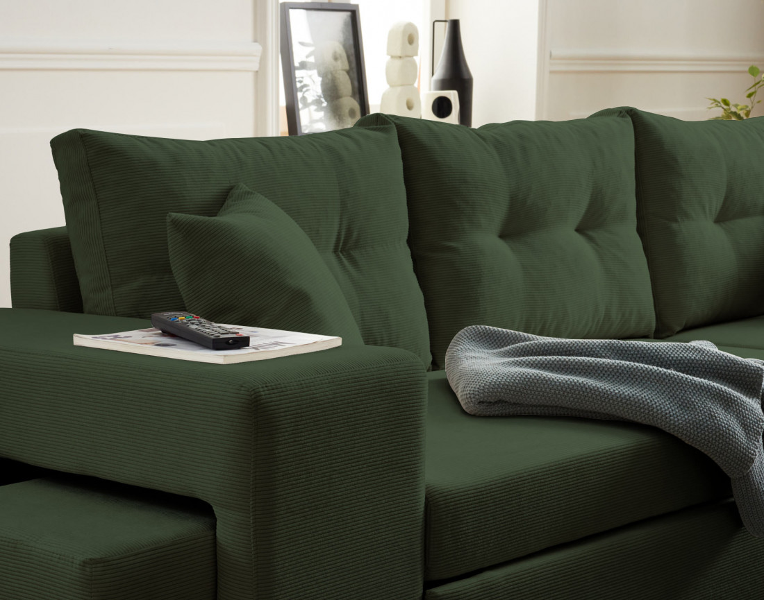 California - canapé d'angle réversible convertible 4 places avec poufs, coffre et tablette de rangement en velours côtelé