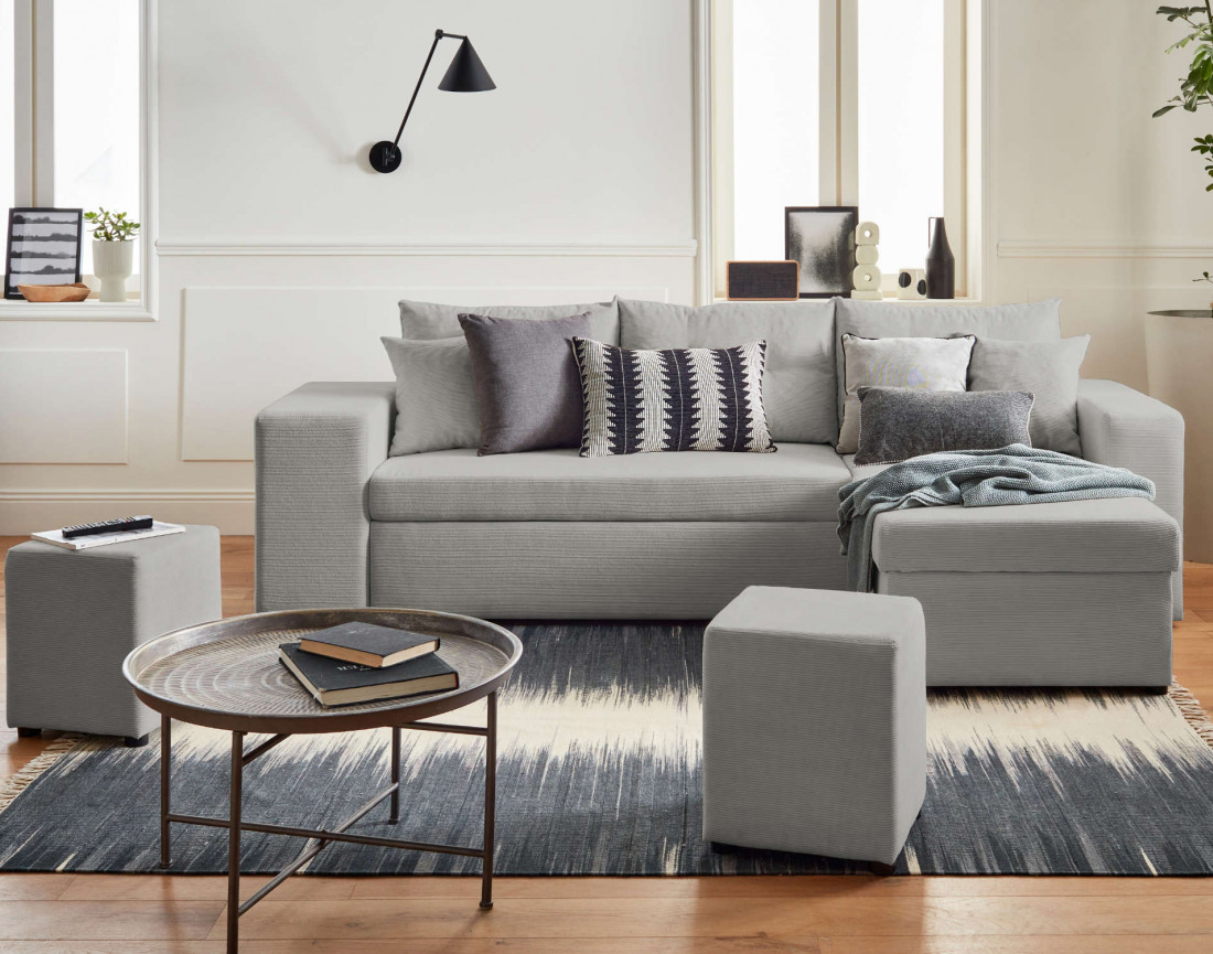 California - canapé d'angle réversible convertible 4 places avec poufs, coffre et tablette de rangement en velours côtelé