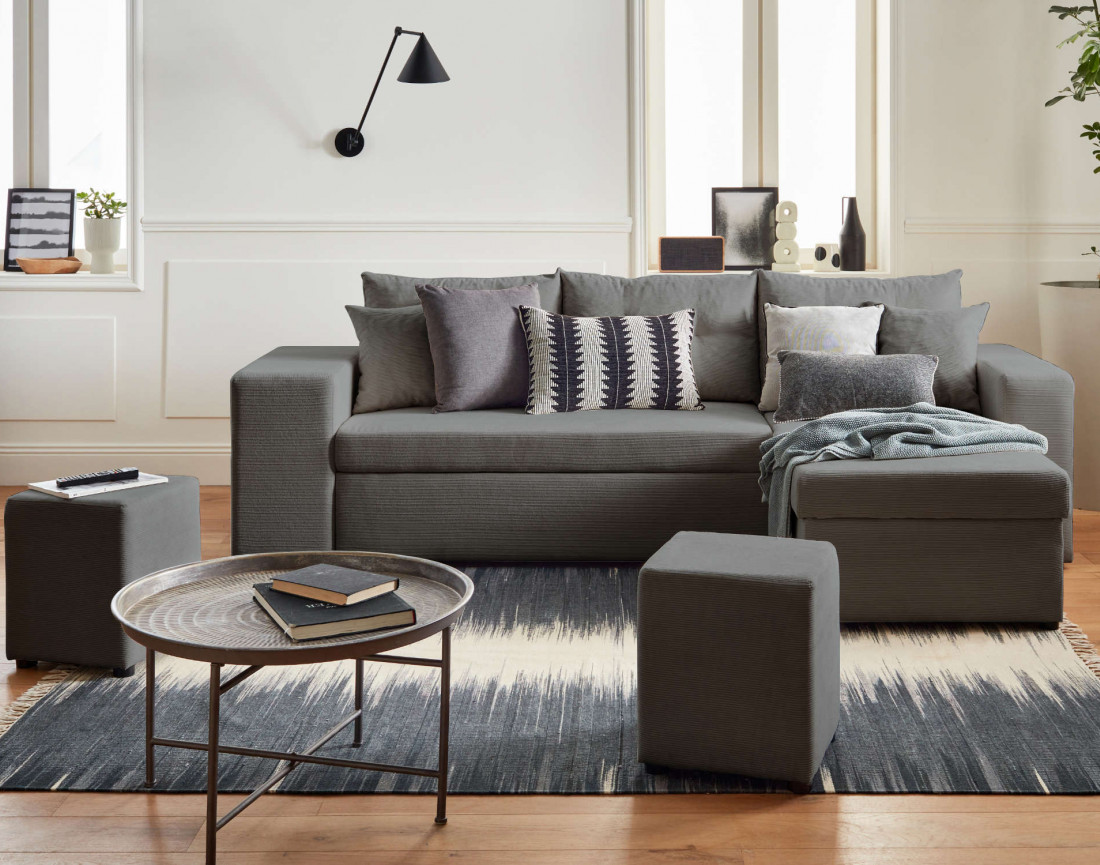 California - canapé d'angle réversible convertible 4 places avec poufs, coffre et tablette de rangement en velours côtelé