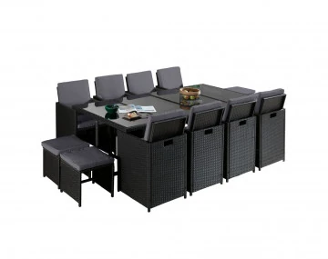 Fira - Salon de jardin encastrable 12 places - en résine tressée - Noir avec coussins gris + housse de protection