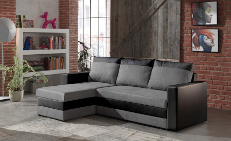 PORTLAND - CANAPÉ D'ANGLE RÉVERSIBLE CONVERTIBLE NOIR/GRIS- 225X145X85CM PORTLAND - CANAPÉ D'ANGLE RÉVERSIBLE CONVERTIBLE NOIR/GRIS- 225X145X85CM