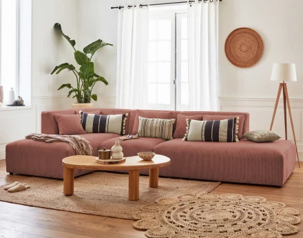 Canapé modulable d'angle gauche 5 places en velours côtelé Victoire