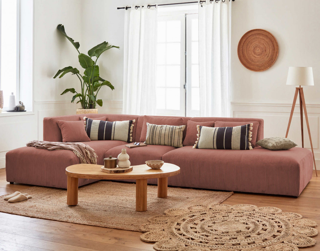 Canapé modulable d'angle gauche 5 places en velours côtelé Victoire Canapé modulable d'angle gauche 5 places en velours côtelé Victoire