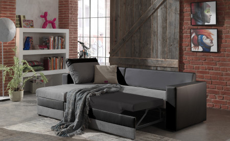 PORTLAND - CANAPÉ D'ANGLE RÉVERSIBLE CONVERTIBLE NOIR/GRIS- 225X145X85CM PORTLAND - CANAPÉ D'ANGLE RÉVERSIBLE CONVERTIBLE NOIR/GRIS- 225X145X85CM