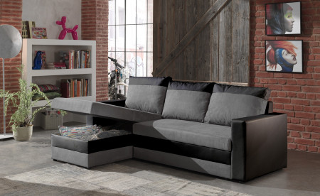 PORTLAND - CANAPÉ D'ANGLE RÉVERSIBLE CONVERTIBLE NOIR/GRIS- 225X145X85CM PORTLAND - CANAPÉ D'ANGLE RÉVERSIBLE CONVERTIBLE NOIR/GRIS- 225X145X85CM