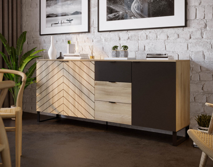 BOBOCHIC Auxane - buffet bas bois et noir - style contemporain - 200 cm