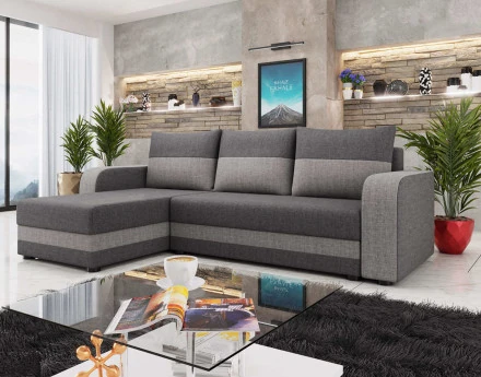 Canapé d'angle réversible 4 places convertible avec coffre en tissu bicolore Harvey