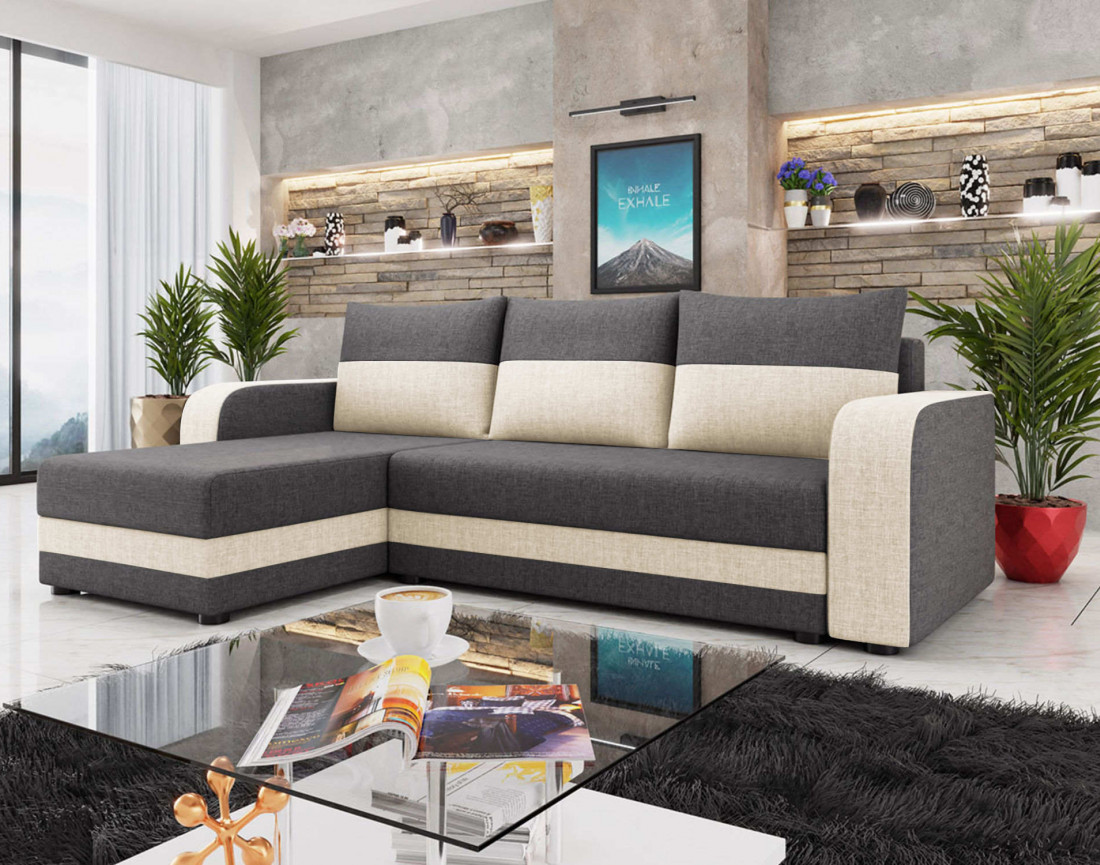 Canapé d'angle réversible 4 places convertible avec coffre en tissu bicolore Harvey