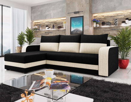 Canapé d'angle réversible 4 places convertible avec coffre en tissu bicolore Harvey