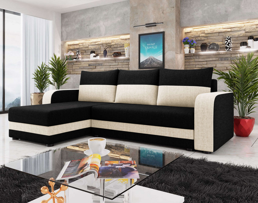 Canapé d'angle réversible 4 places convertible avec coffre en tissu bicolore Harvey