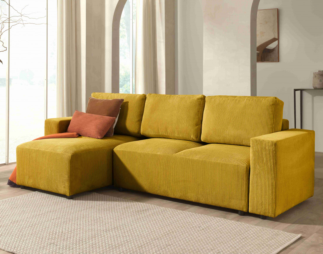 Canapé d'angle 4 places convertible avec coffre en velours côtelé Livy