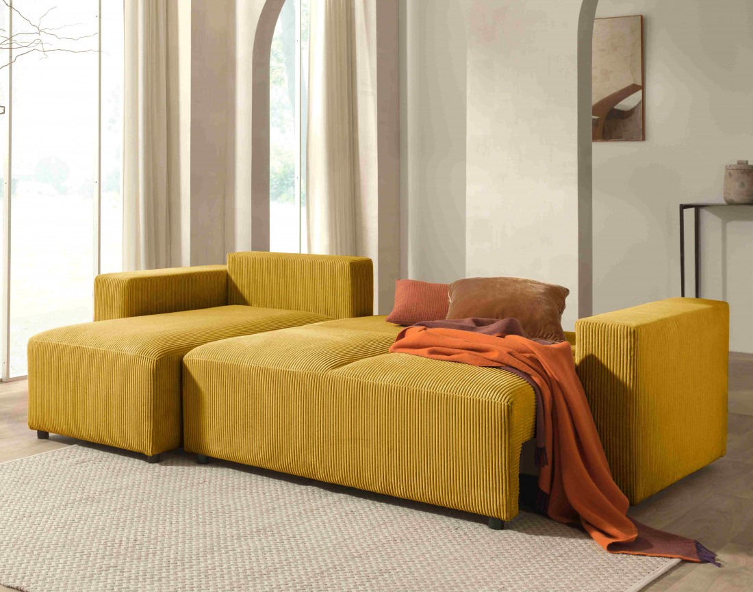 Canapé d'angle 4 places convertible avec coffre en velours côtelé Livy