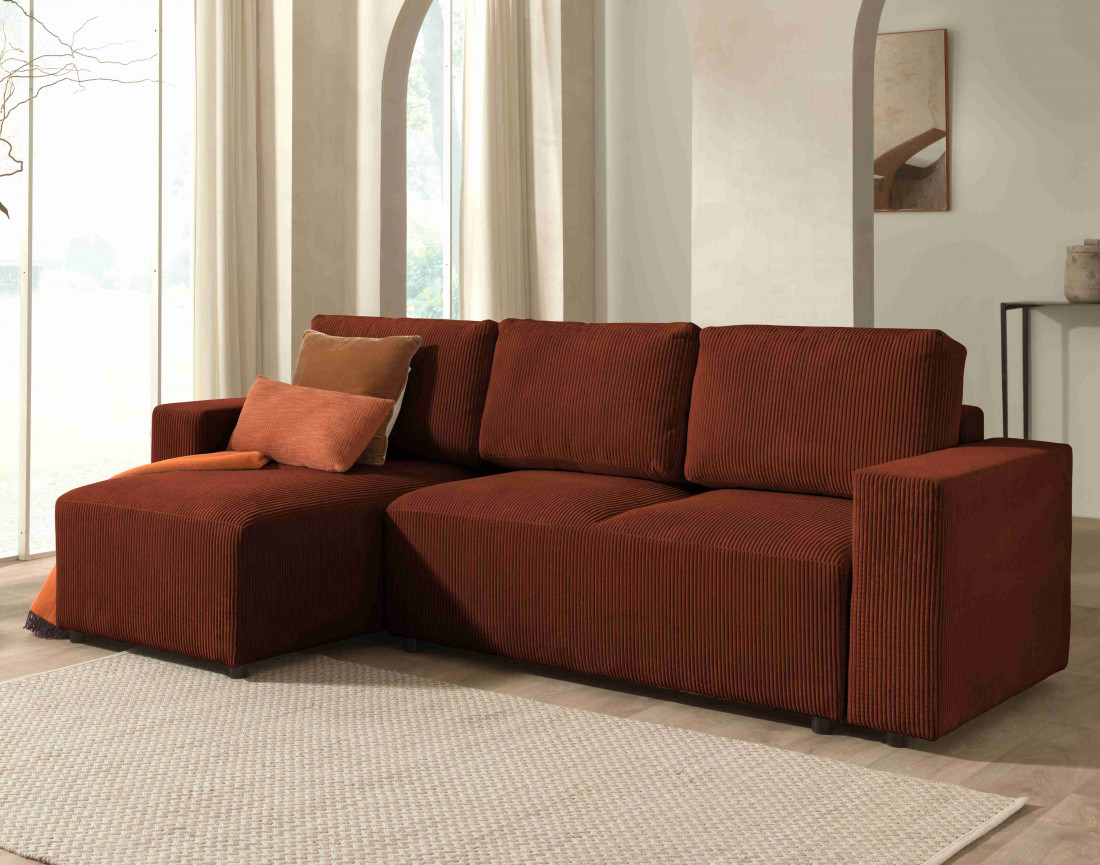 Canapé d'angle 4 places convertible avec coffre en velours côtelé Livy
