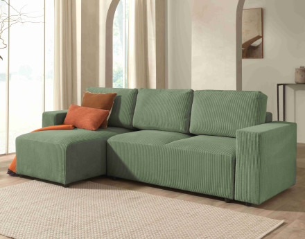 Canapé d'angle 4 places convertible avec coffre en velours côtelé Livy