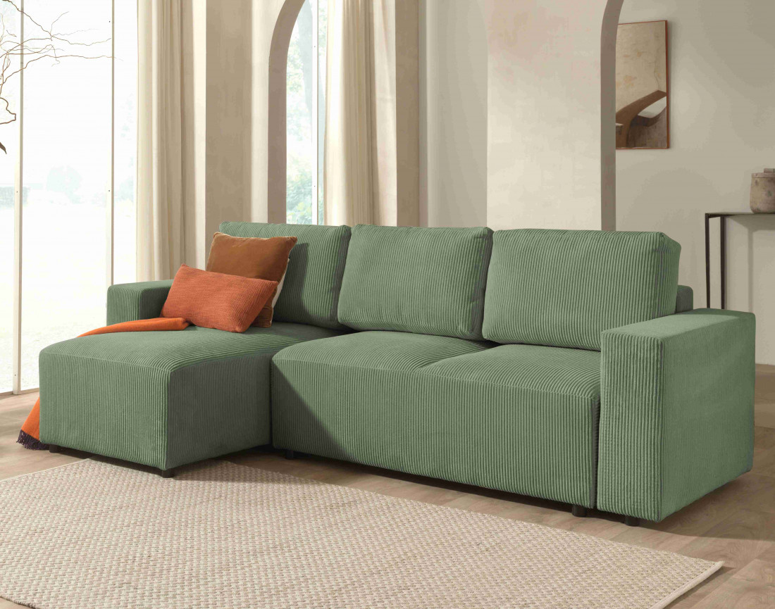 Canapé d'angle 4 places convertible avec coffre en velours côtelé Livy