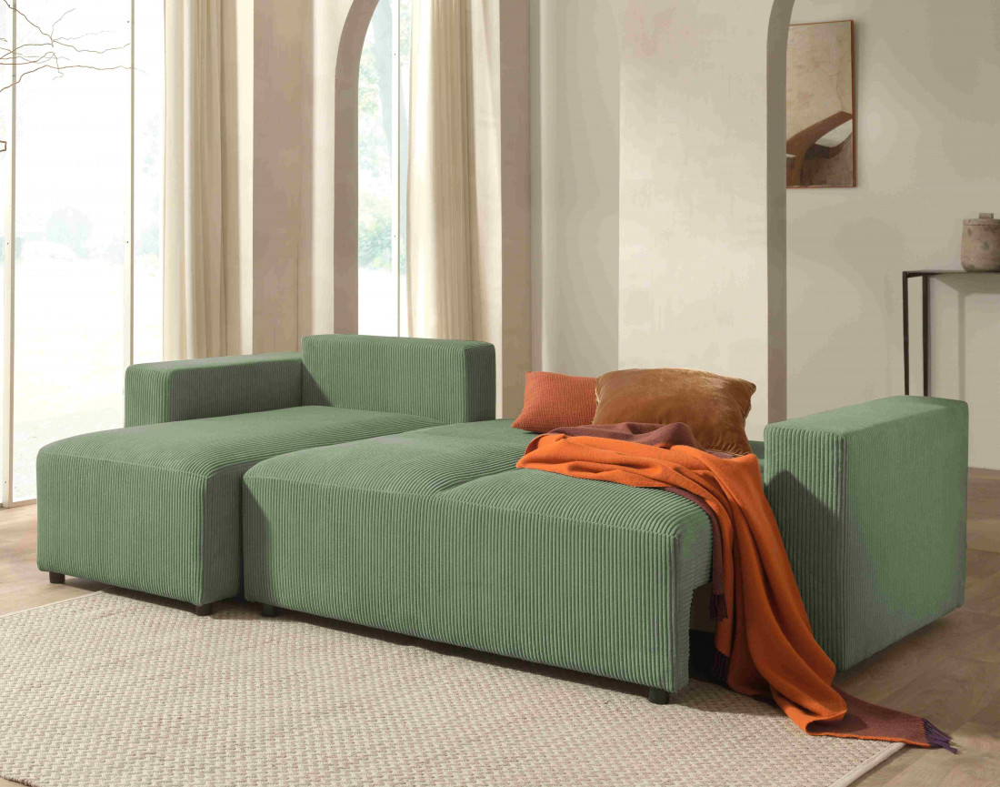 Canapé d'angle 4 places convertible avec coffre en velours côtelé Livy