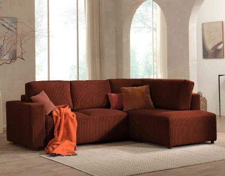 Canapé d'angle droit 5 places convertible avec coffre en velours côtelé Livy