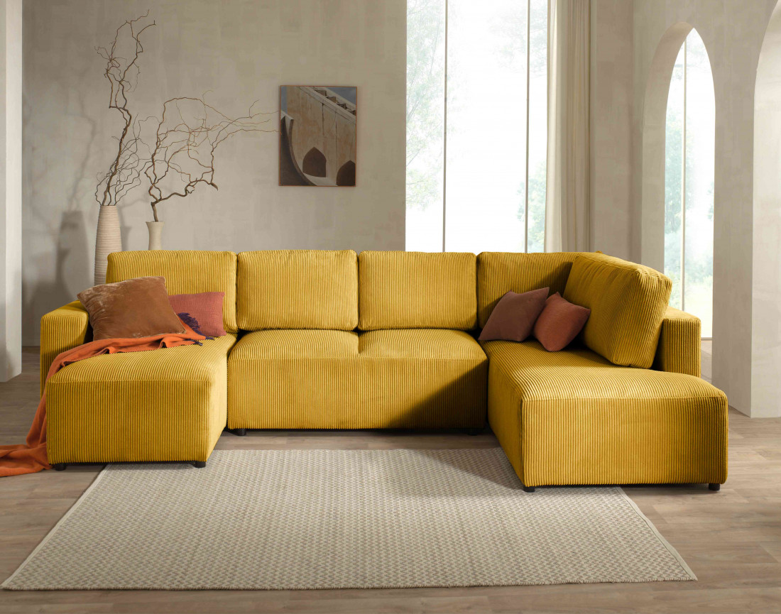Canapé d'angle panoramique droit convertible avec coffre en velours côtelé Livy